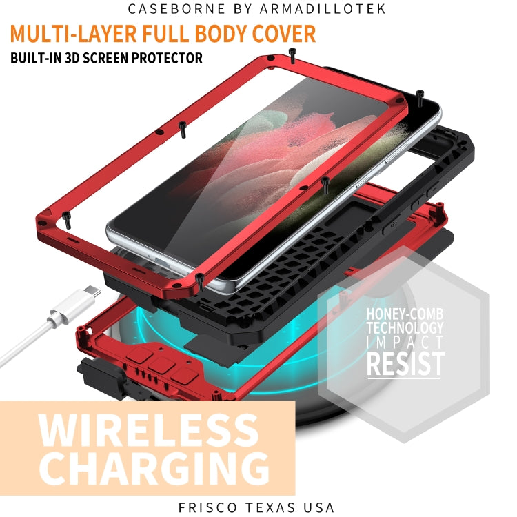 For Samsung Galaxy S21 Ultra 5G R-JUST Sliding Lens Cover Shockproof Dustproof Water-resistant Metal + Silicone Case with Invisible Holder(Red)