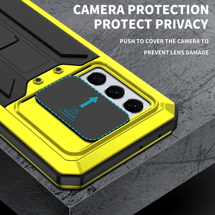 For Samsung Galaxy S21 Ultra 5G R-JUST Sliding Lens Cover Shockproof Dustproof Water-resistant Metal + Silicone Case with Invisible Holder(Yellow)