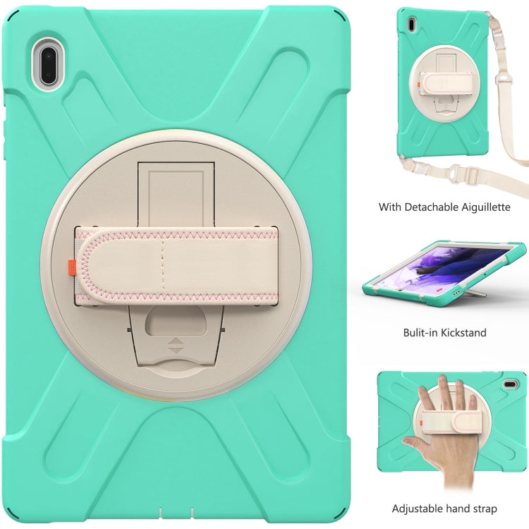 For Samsung Galaxy Tab S7 FE T730 / S7+ / S9+ /S8+ Silicone + PC Protective Case with Holder & Shoulder Strap(Mint Green)