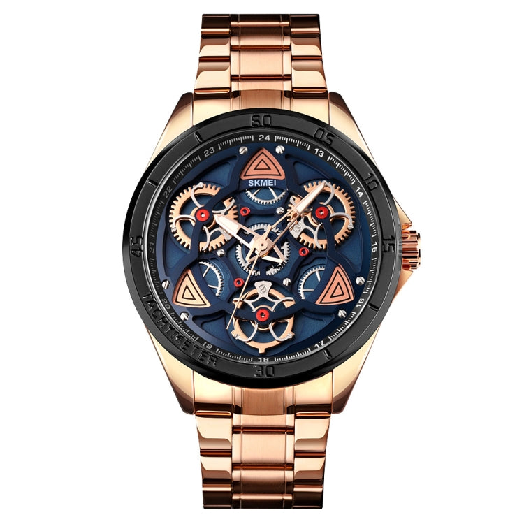 SKMEI 1678 Men Water-resistant Quartz Watch with Rotatable Gear Dial(Rose Gold Shell Blue Surface)