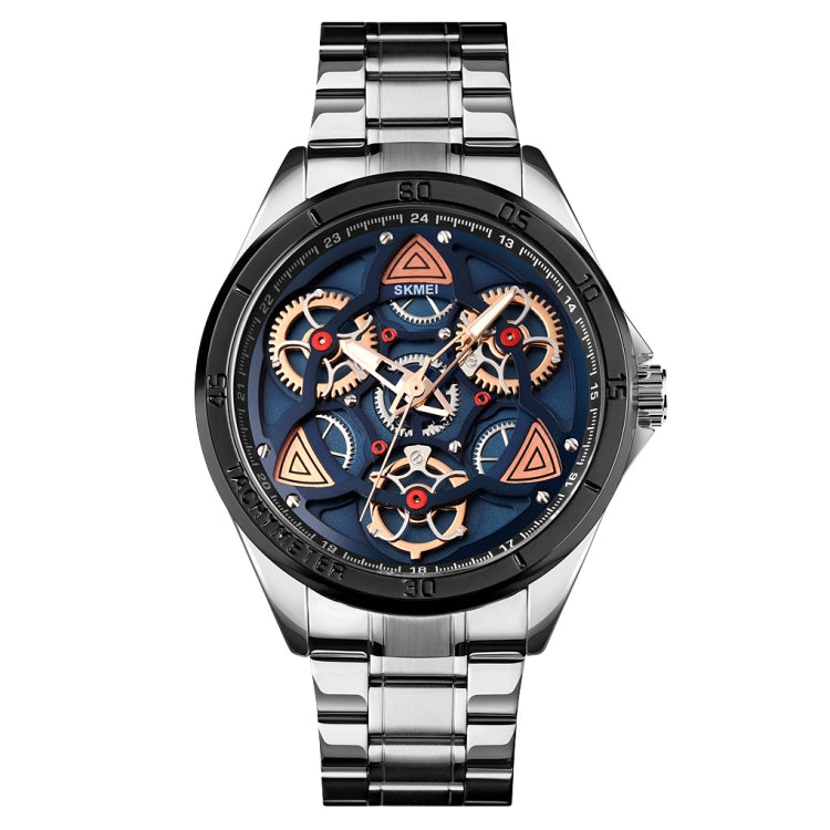 SKMEI 1678 Men Water-resistant Quartz Watch with Rotatable Gear Dial(Silver Shell Blue Surface)
