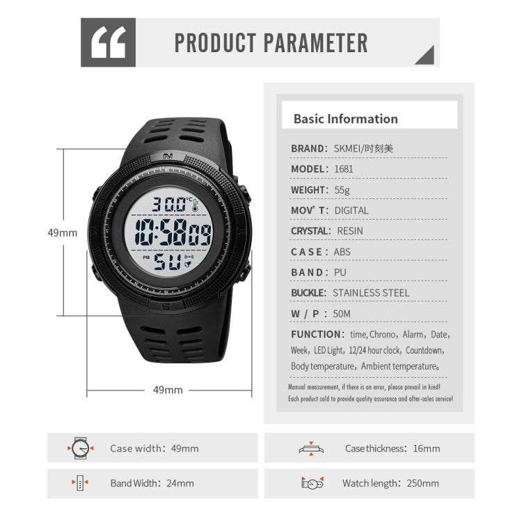 SKMEI 1681 Multifunctional LED Digital Display Luminous Electronic Watch, Support Body / Ambient Temperature Measurement(Blue Black) - free shipping - PMC TechLife - Order now!