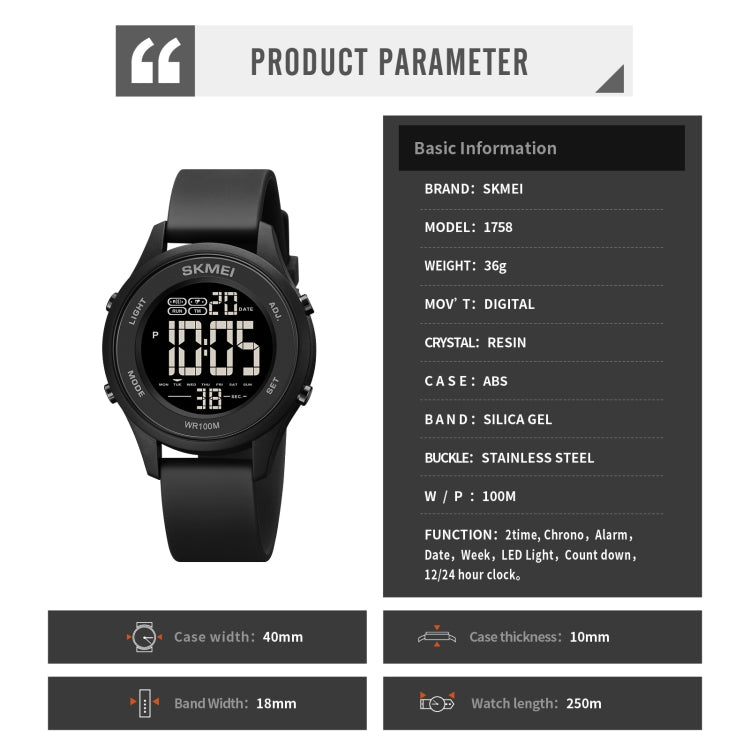 SKMEI 1758 Multifunctional LED Digital Display Luminous Silicone Strap Electronic Watch(Black White) - free shipping - PMC TechLife - Order now!