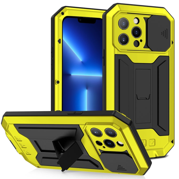 For iPhone 13 Pro R-JUST Sliding Camera Shockproof Life Water-resistant Dust-proof Metal + Silicone Protective Case with Holder (Yellow)