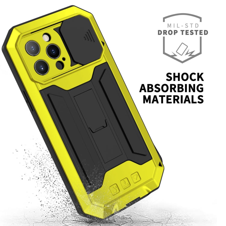 For iPhone 13 Pro R-JUST Sliding Camera Shockproof Life Water-resistant Dust-proof Metal + Silicone Protective Case with Holder (Yellow)