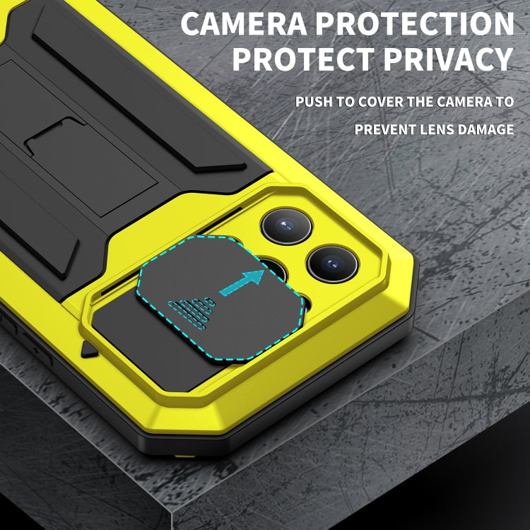 For iPhone 13 Pro R-JUST Sliding Camera Shockproof Life Water-resistant Dust-proof Metal + Silicone Protective Case with Holder (Yellow)