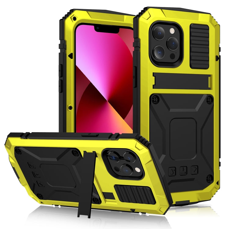 For iPhone 13 R-JUST Shockproof Water-resistant Dust-proof Metal + Silicone Protective Case with Holder(Yellow)
