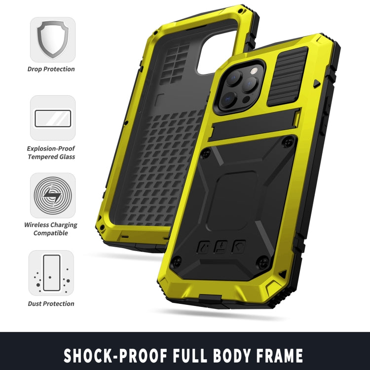 For iPhone 13 R-JUST Shockproof Water-resistant Dust-proof Metal + Silicone Protective Case with Holder(Yellow)