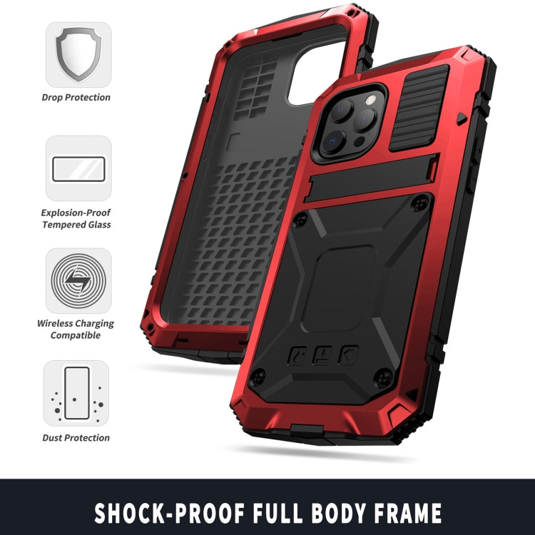 For iPhone 13 Pro Max R-JUST Shockproof Water-resistant Dust-proof Metal + Silicone Protective Case with Holder (Red)