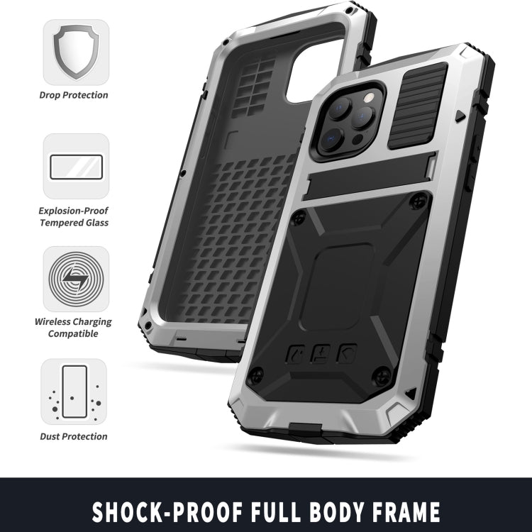For iPhone 13 Pro Max R-JUST Shockproof Water-resistant Dust-proof Metal + Silicone Protective Case with Holder (Silver)
