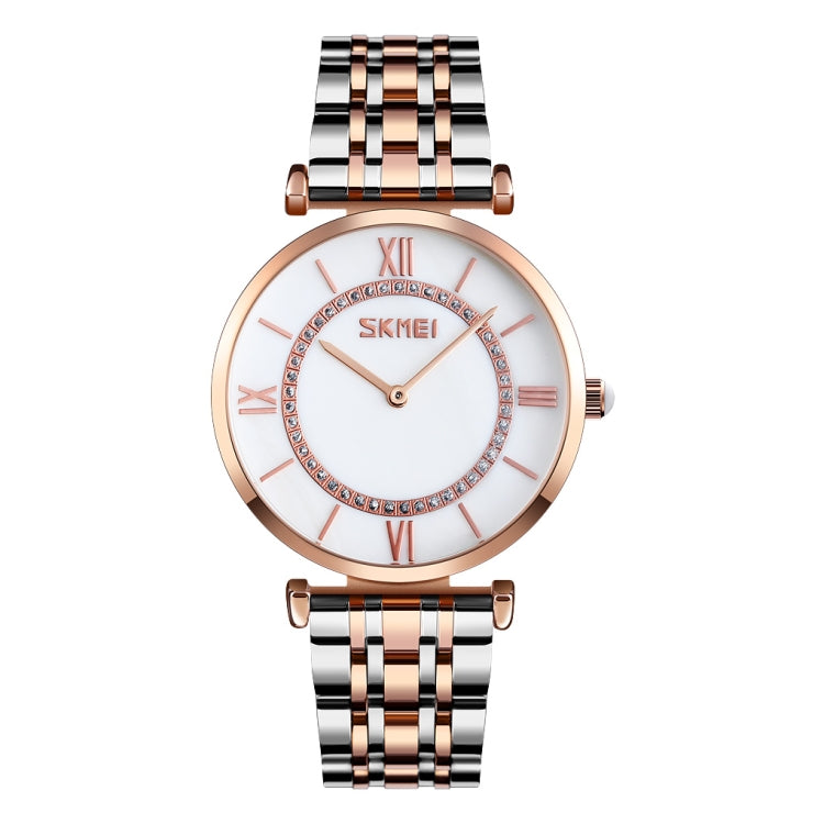 SKMEI 9198 Simple Roman Numeral Dial Metal Belt Quartz Watch for Couples(Rose Gold Silver White Men)