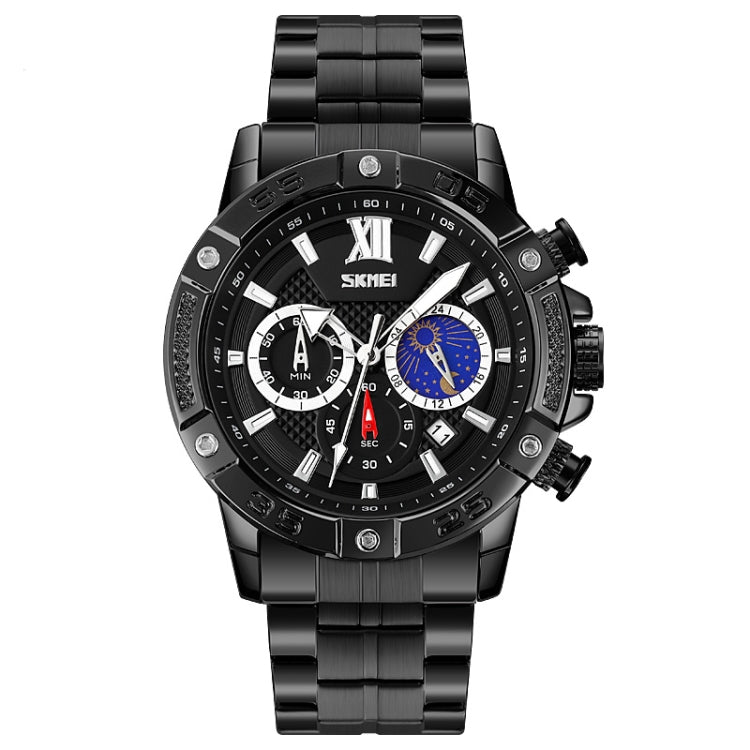 SKMEI 9235 Men Moonphase Stopwatch Stainless Steel Strap Quartz Watch(Black)