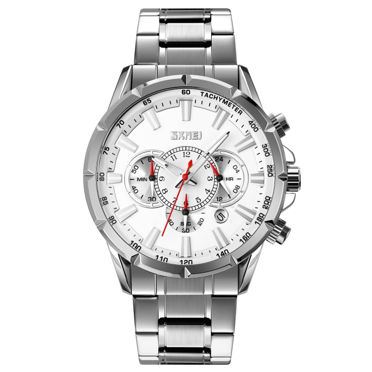 SKMEI 9241 Men Calendar Stopwatch Stainless Steel Strap Quartz Watch(Silver)