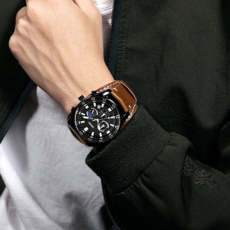 SKMEI 9249 Men Moonphase Calendar Stopwatch Leather Strap Quartz Watch(Brown Black) - free shipping - PMC Jewellery - Order now!