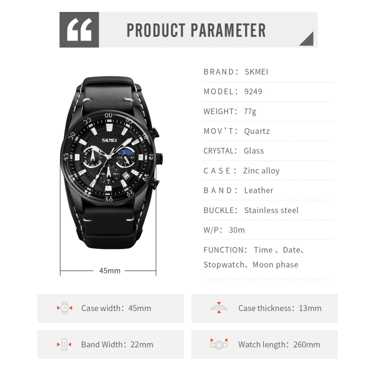SKMEI 9249 Men Moonphase Calendar Stopwatch Leather Strap Quartz Watch(Black)