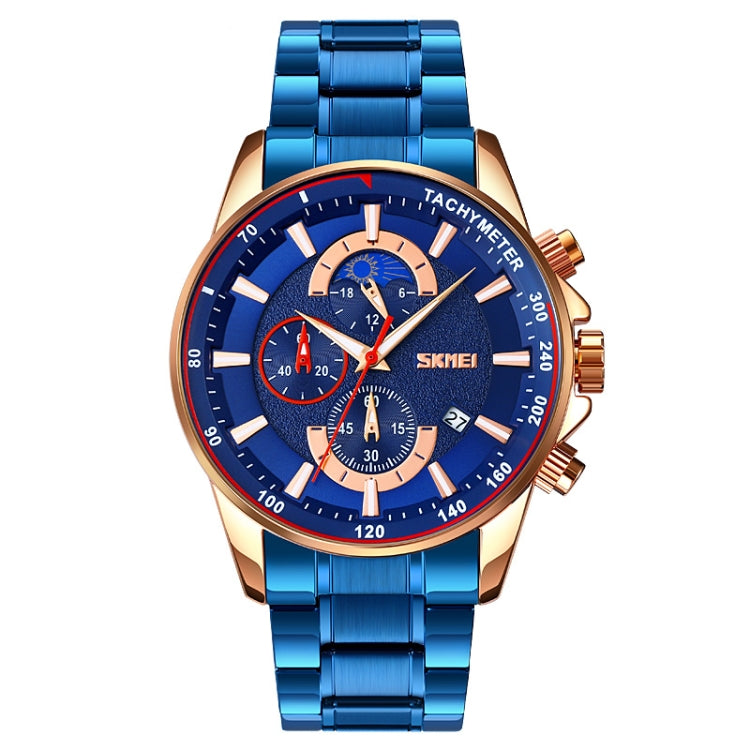 SKMEI 9250 Men Moonphase Stopwatch Date Six Pin Stainless Steel Strap Quartz Watch(Gold Blue)