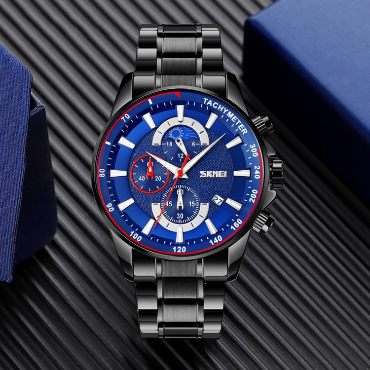 SKMEI 9250 Men Moonphase Stopwatch Date Six Pin Stainless Steel Strap Quartz Watch(Black Blue)