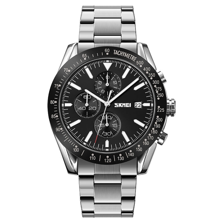 SKMEI 9253 Men Stopwatch Date Six Pin Stainless Steel Strap Quartz Watch(Silver Black)