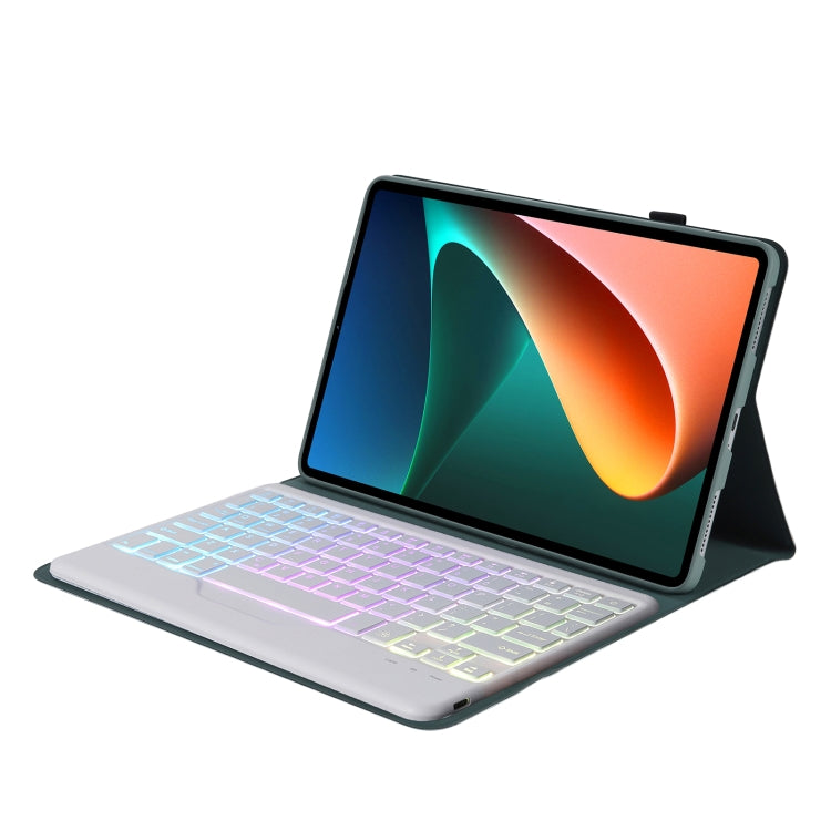 A0N5BS Ultra-thin Tri-color Backlight Detachable Lambskin Texture TPU Bluetooth Keyboard Leather Tablet Case with Holder For Xiaomi Pad 5 / 5 Pro(Dark Green)