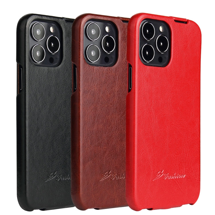 For iPhone 13 Pro Fierre Shann Retro Oil Wax Texture Vertical Flip PU Leather Case (Brown)