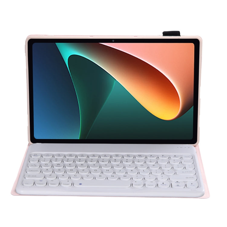 Y0N5 TPU Tablet Case Lambskin Texture Round Keycap Bluetooth Keyboard Leather Tablet Case with Holder For Xiaomi Pad 5 / 5 Pro(Pink)