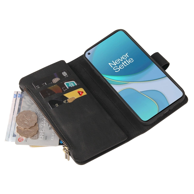 For OnePlus 9 Skin Feel PU + TPU Horizontal Flip Leather Case With Holder & 15 Cards Slot & Wallet & Zipper Pocket & Lanyard(Black)
