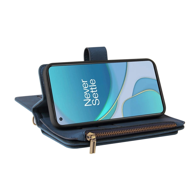For OnePlus 9 Skin Feel PU + TPU Horizontal Flip Leather Case With Holder & 15 Cards Slot & Wallet & Zipper Pocket & Lanyard(Blue)