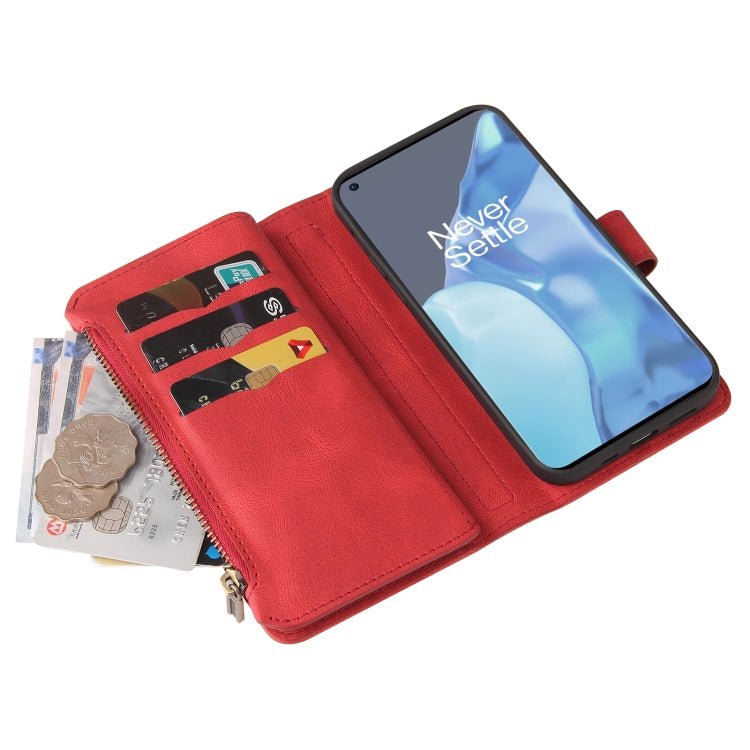 For OnePlus 9 Pro Skin Feel PU + TPU Horizontal Flip Leather Case With Holder & 15 Cards Slot & Wallet & Zipper Pocket & Lanyard(Red)