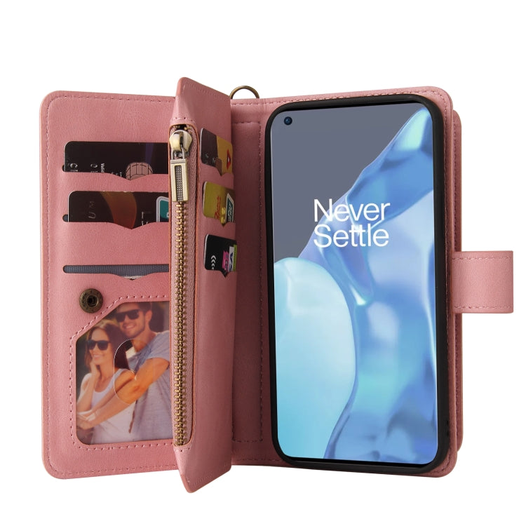 For OnePlus 9 Pro Skin Feel PU + TPU Horizontal Flip Leather Case With Holder & 15 Cards Slot & Wallet & Zipper Pocket & Lanyard(Pink)