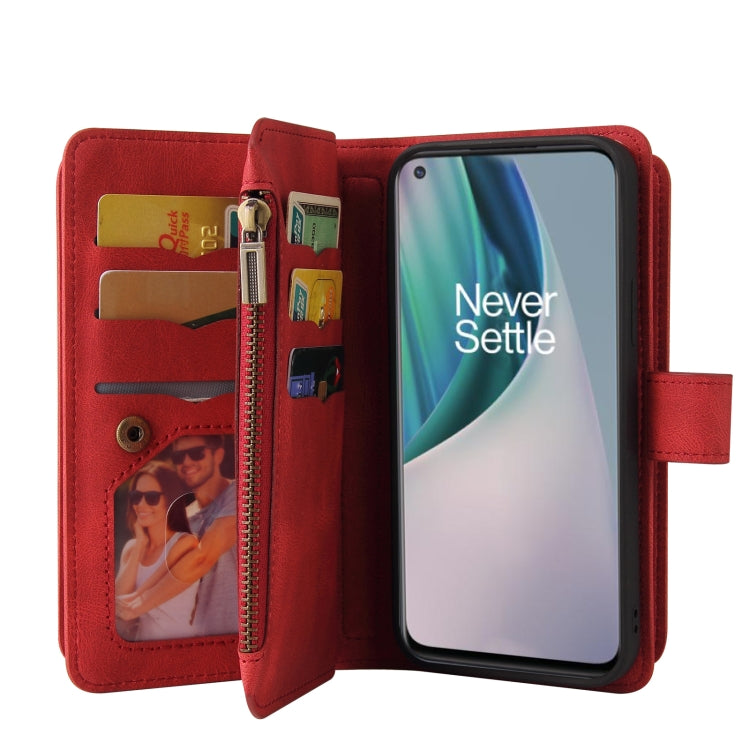 For OnePlus Nord N10 5G Skin Feel PU + TPU Horizontal Flip Leather Case With Holder & 15 Cards Slot & Wallet & Zipper Pocket & Lanyard(Red)
