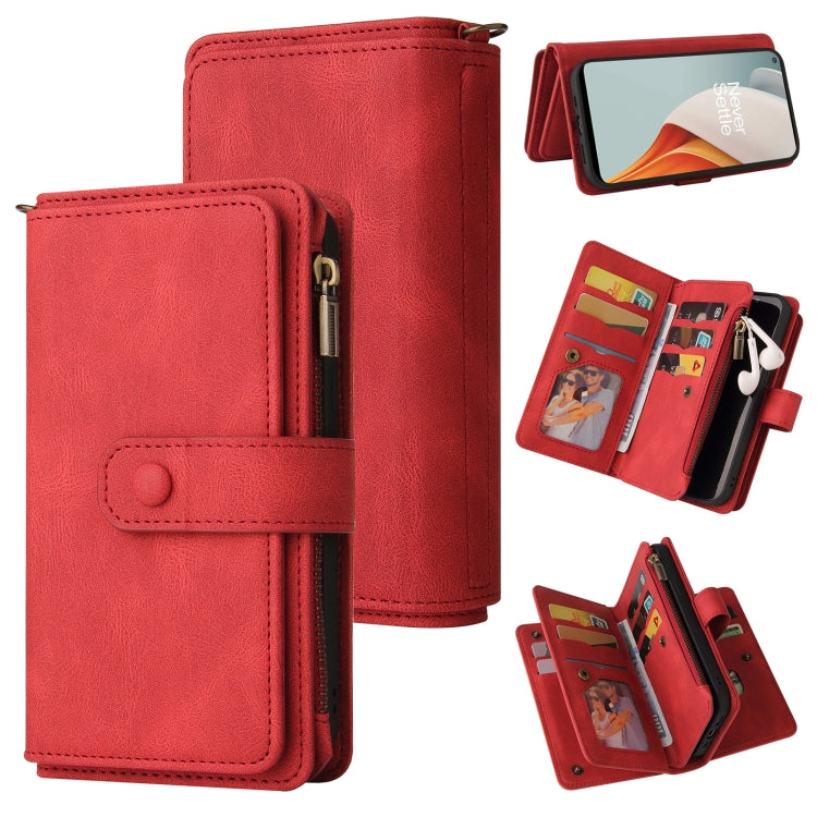 For OnePlus Nord N100 5G Skin Feel PU + TPU Horizontal Flip Leather Case With Holder & 15 Cards Slot & Wallet & Zipper Pocket & Lanyard(Red)