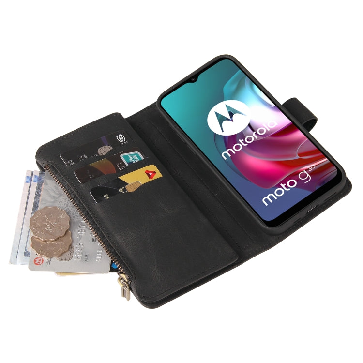 For Motorola Moto G30 Skin Feel PU + TPU Horizontal Flip Leather Case With Holder & 15 Cards Slot & Wallet & Zipper Pocket & Lanyard(Black) - free shipping - PMC TechLife - Order now!