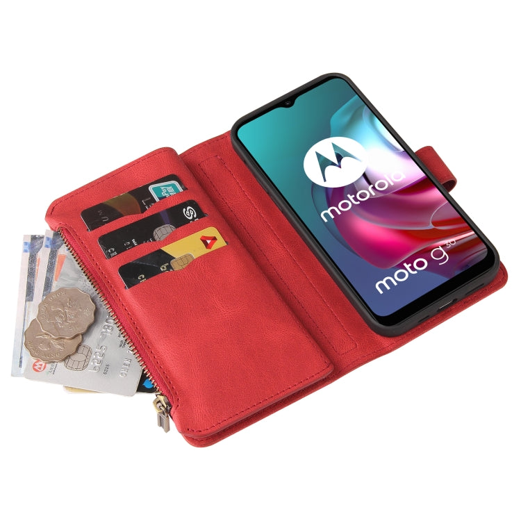 For Motorola Moto G30 Skin Feel PU + TPU Horizontal Flip Leather Case With Holder & 15 Cards Slot & Wallet & Zipper Pocket & Lanyard(Red) - Motorola Cases by PMC TechLife | Online Shopping South Africa | PMC TechLife | Buy Now Pay Later Mobicred