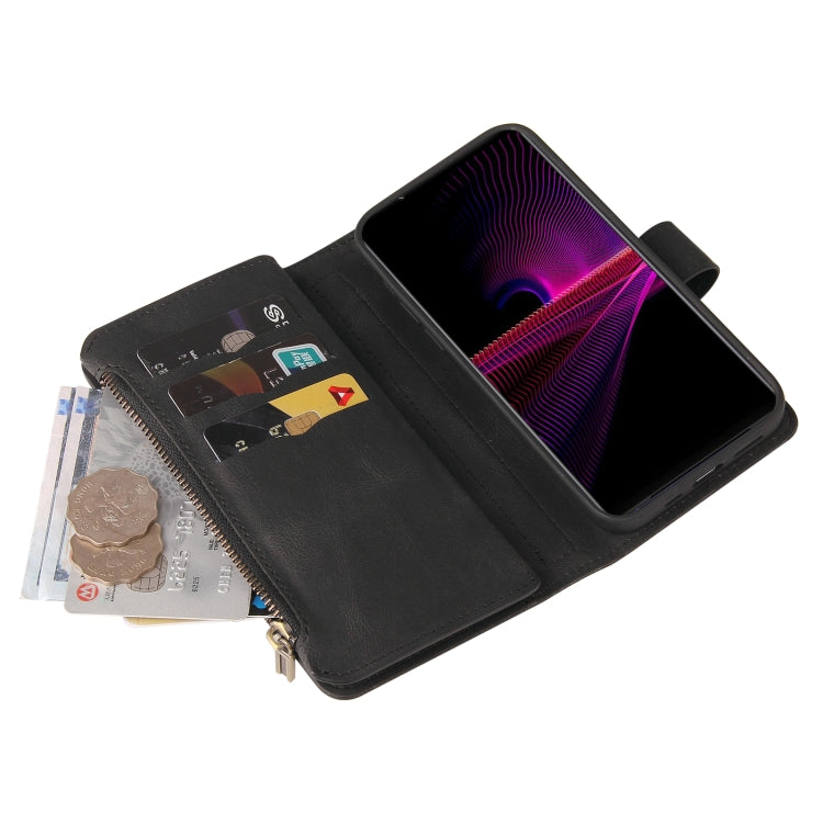 For Sony Xperia 1 III Skin Feel PU + TPU Horizontal Flip Leather Case With Holder & 15 Cards Slot & Wallet & Zipper Pocket & Lanyard(Black)