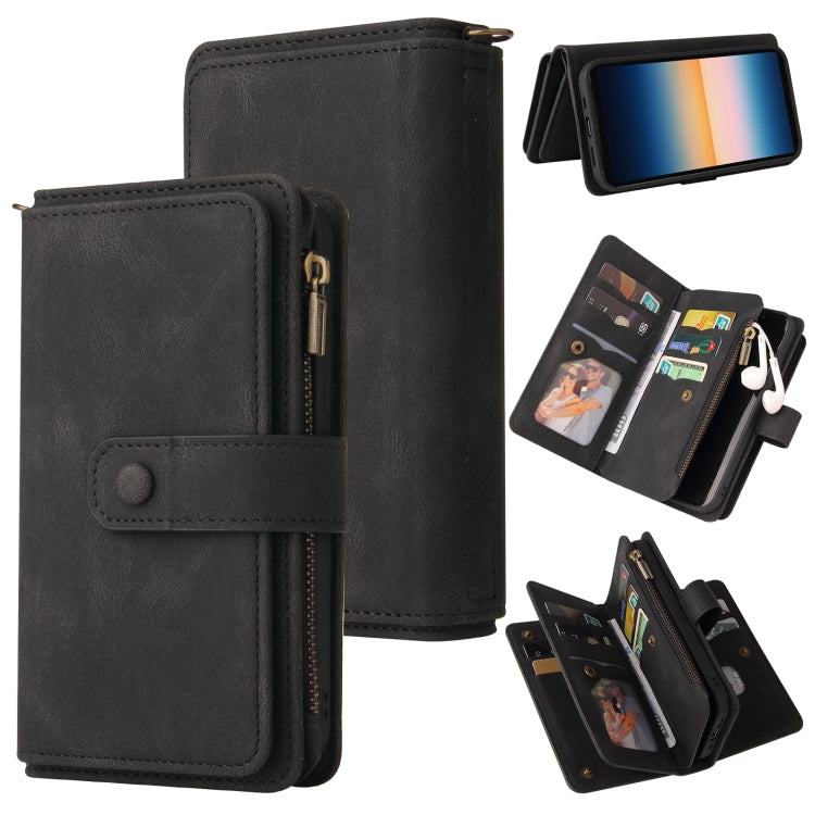 For Sony Xperia 10 III Skin Feel PU + TPU Horizontal Flip Leather Case With Holder & 15 Cards Slot & Wallet & Zipper Pocket & Lanyard(Black)