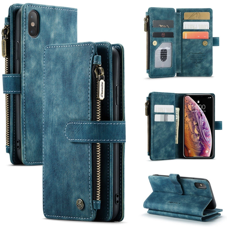 For iPhone X / XS CaseMe-C30 PU + TPU Multifunctional Horizontal Flip Leather Case with Holder & Card Slot & Wallet & Zipper Pocket(Blue)