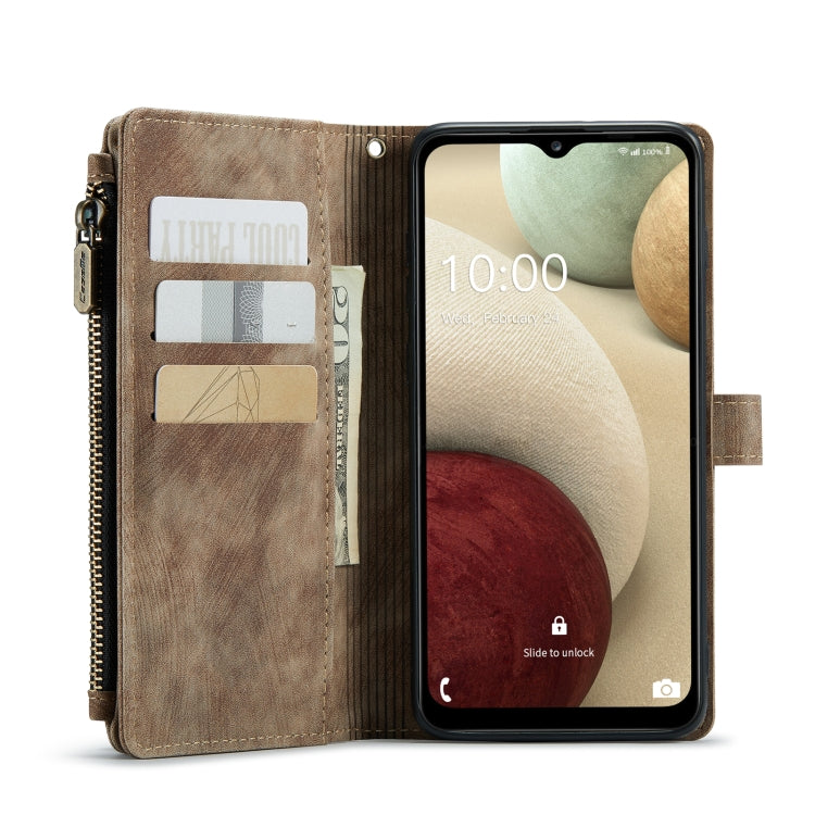 For Samsung Galaxy A12 CaseMe-C30 PU + TPU Multifunctional Horizontal Flip Leather Case with Holder & Card Slot & Wallet & Zipper Pocket(Brown)
