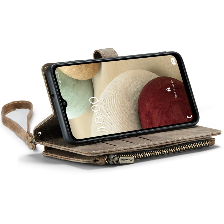 For Samsung Galaxy A12 CaseMe-C30 PU + TPU Multifunctional Horizontal Flip Leather Case with Holder & Card Slot & Wallet & Zipper Pocket(Brown)