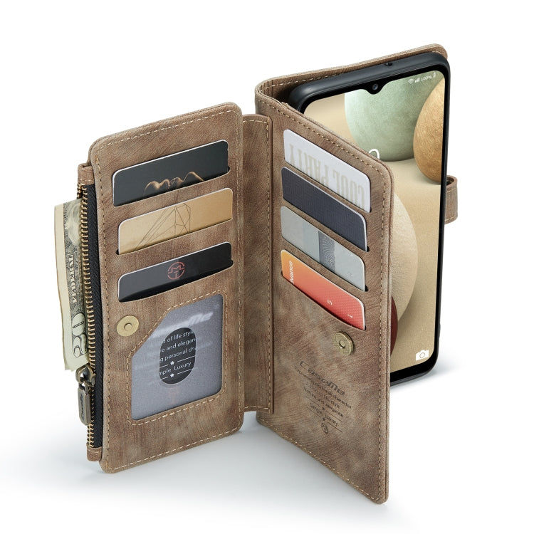 For Samsung Galaxy A12 CaseMe-C30 PU + TPU Multifunctional Horizontal Flip Leather Case with Holder & Card Slot & Wallet & Zipper Pocket(Brown)