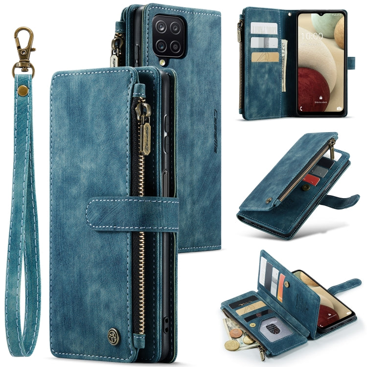For Samsung Galaxy A12 CaseMe-C30 PU + TPU Multifunctional Horizontal Flip Leather Case with Holder & Card Slot & Wallet & Zipper Pocket(Blue)