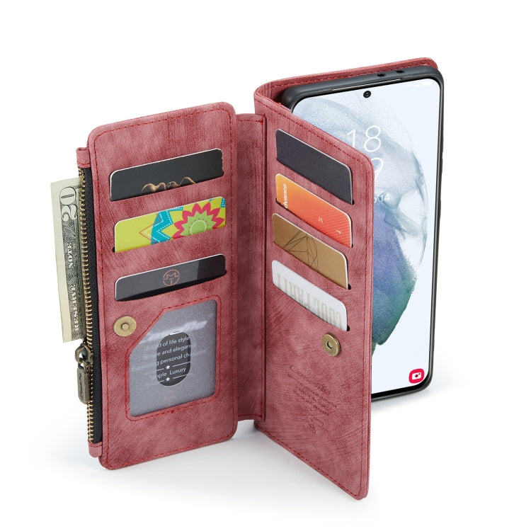 For Samsung Galaxy S21 FE CaseMe-C30 PU + TPU Multifunctional Horizontal Flip Leather Case with Holder & Card Slot & Wallet & Zipper Pocket(Red)