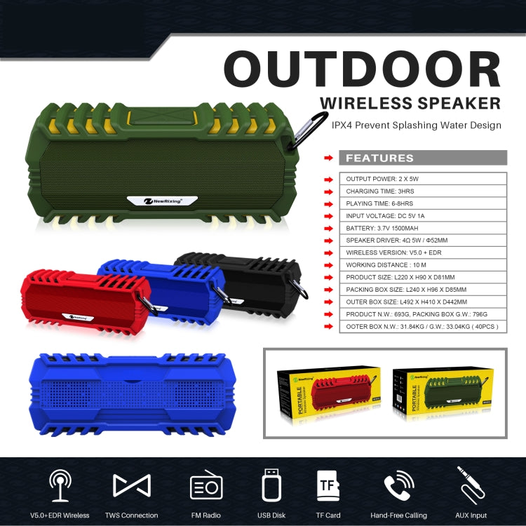 NewRixing NR-5015 Outdoor Portable Bluetooth Speakerr with Hook, Support Hands-free Call / TF Card / FM / U Disk(Black) - free shipping - PMC Jewellery - Order now!