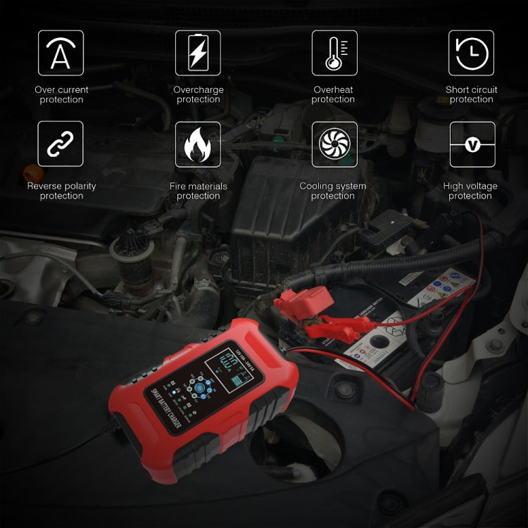 FOXSUR 10A 12V 7-segment Motorcycle / Car Smart Battery Charger, Plug Type:EU Plug(Red) - Battery Charger by FOXSUR | Online Shopping South Africa | PMC TechLife | Buy Now Pay Later Mobicred