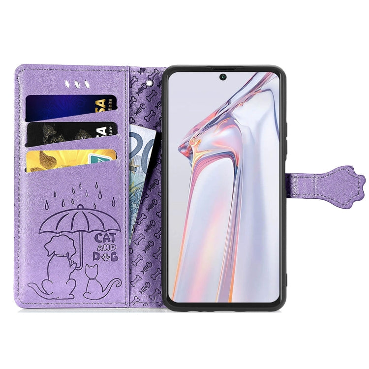 For Blackview A100 Lovely Cat and Dog Embossing Pattern Horizontal Flip Leather Case , with Holder & Card Slots & Wallet & Cartoon Clasp & Lanyard(Purple)
