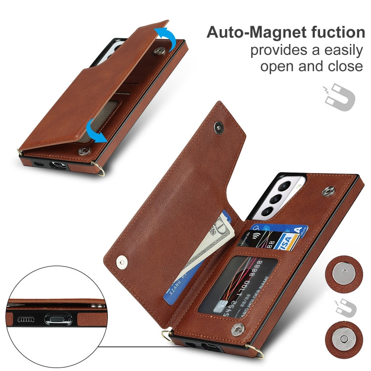 For Samsung Galaxy S21+ 5G Cross-body Square Double Buckle Flip Card Bag TPU+PU Case with Card Slots & Wallet & Photo & Strap(Brown)