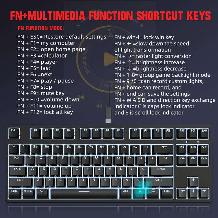 HXSJ L600 87 Keys USB-C / Type-C Wired Red Shaft Mechanical Keyboard with Cool Backlight(Black) - free shipping - PMC Jewellery - Order now!