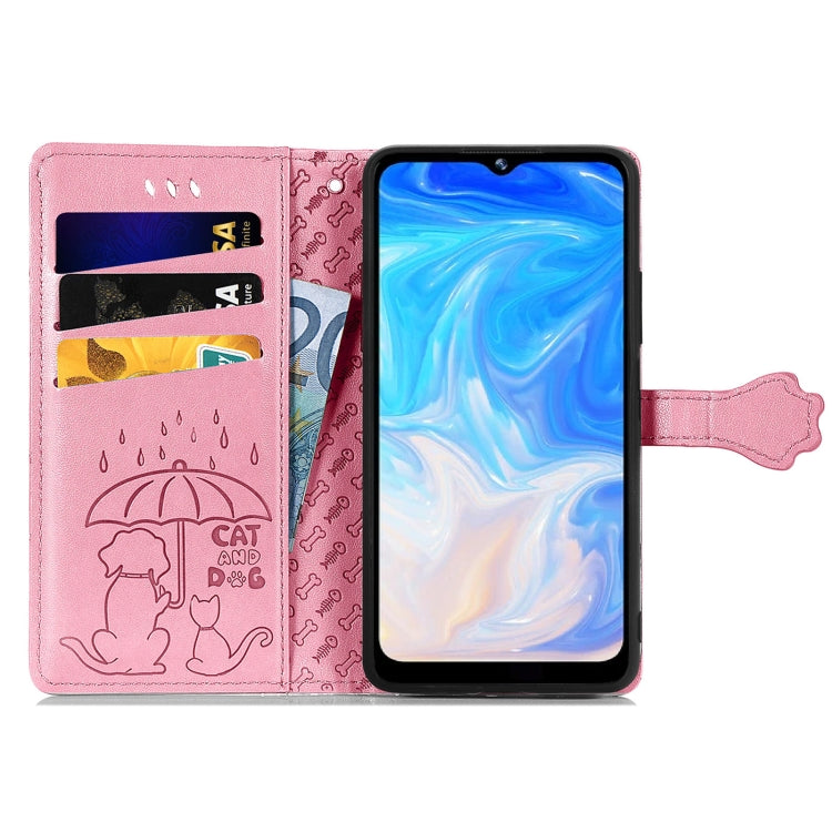 For Doogee N40 Pro Cat and Dog Embossed Horizontal Flip Phone Leather Case with Holder & Card Slot & Wallet & Lanyard(Pink)