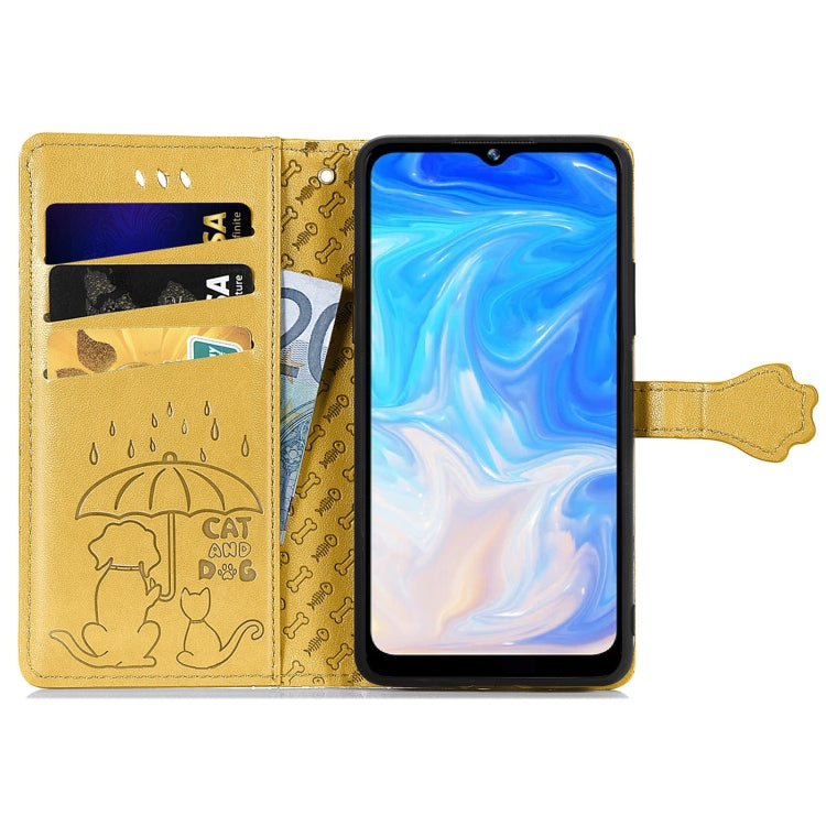 For Doogee N40 Pro Cat and Dog Embossed Horizontal Flip Phone Leather Case with Holder & Card Slot & Wallet & Lanyard(Yellow)