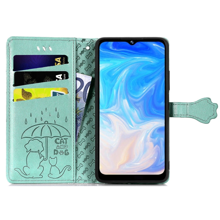 For Doogee N40 Pro Cat and Dog Embossed Horizontal Flip Phone Leather Case with Holder & Card Slot & Wallet & Lanyard(Green)