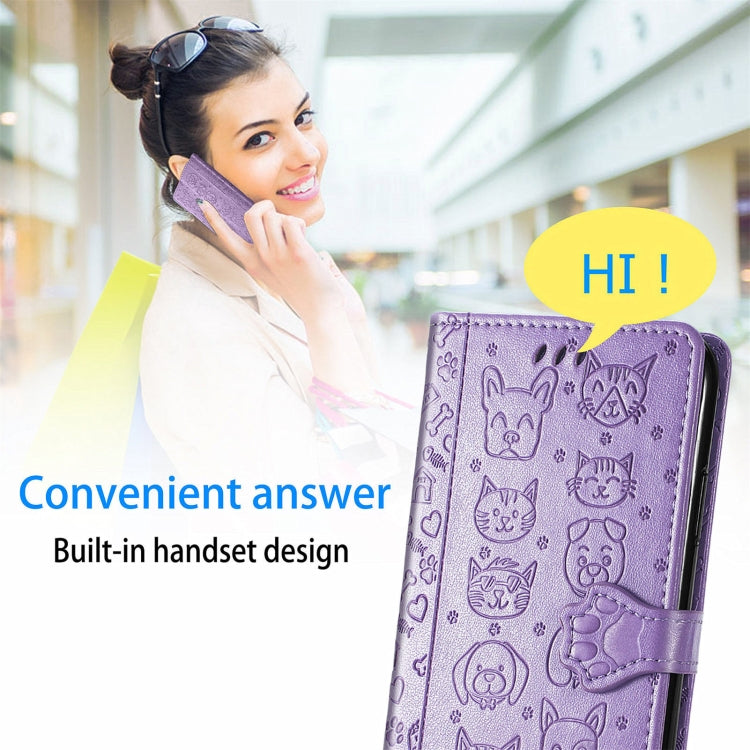 For OPPO Realme C21Y Cat and Dog Embossed Horizontal Flip Phone Leather Case with Holder & Card Slot & Wallet & Lanyard(Purple)